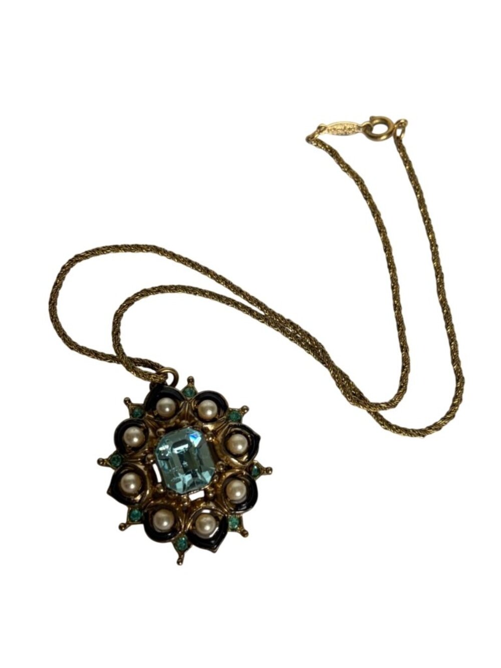 Vintage Coro Jeweled Pendant Necklace Blue Rhinestone Faux Pearls Napier Chain